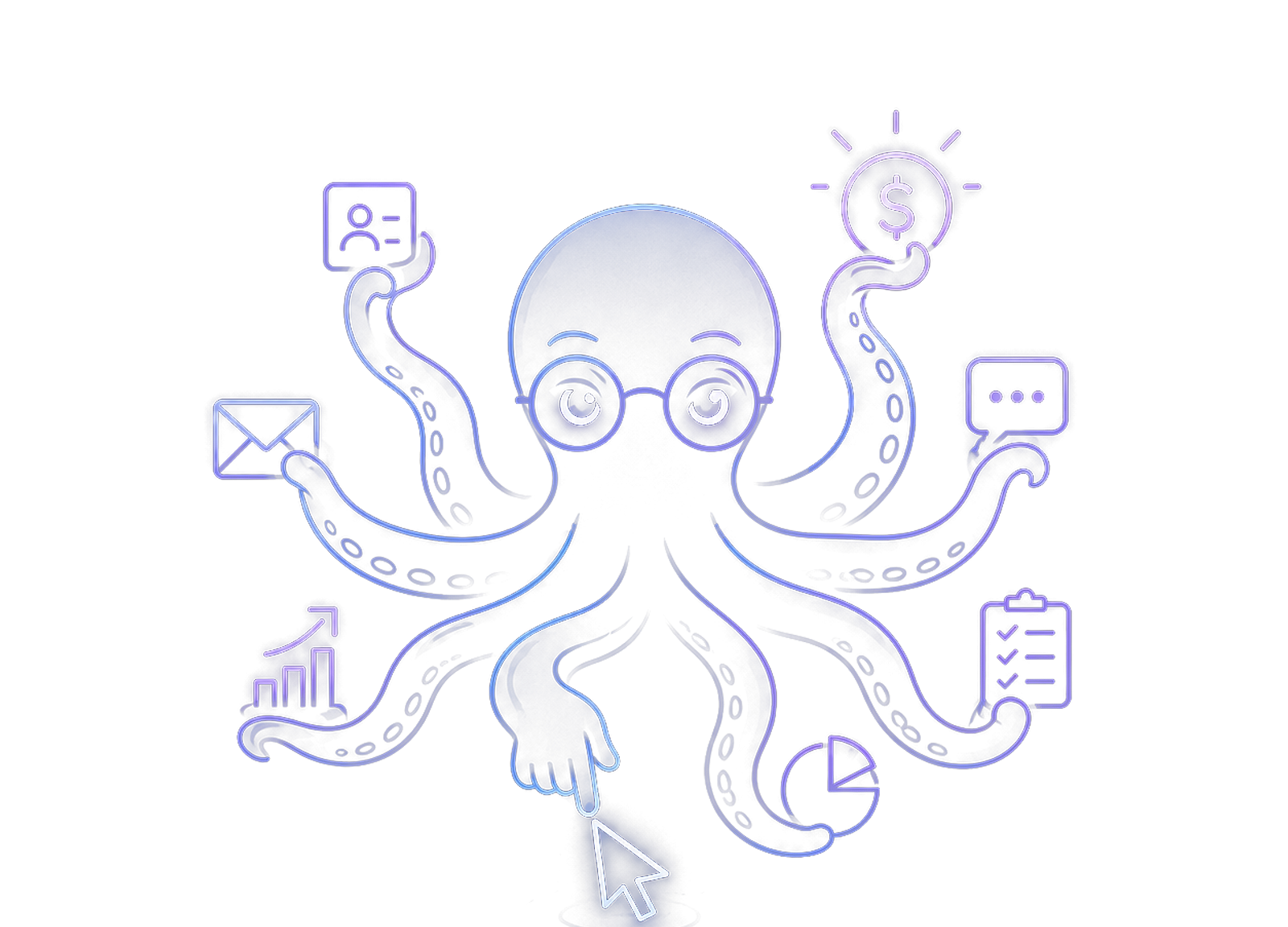 Sideklix mascot: a glowing octopus whose eight arms each handle a revenue task — leads, money, email, chat, growth, tasks, reporting and clicks.